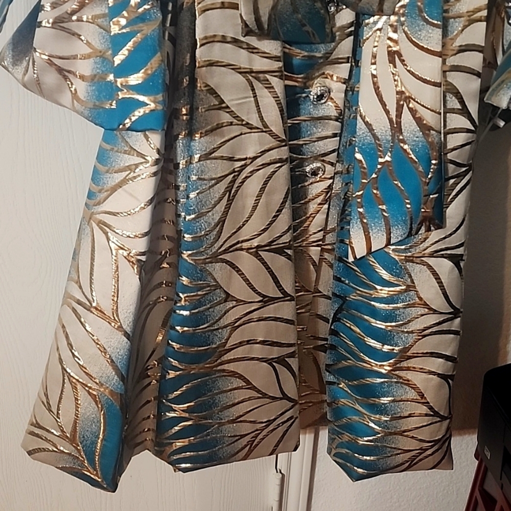 Elegant Blue and Gold Midi COAT - Picture 2 of 9